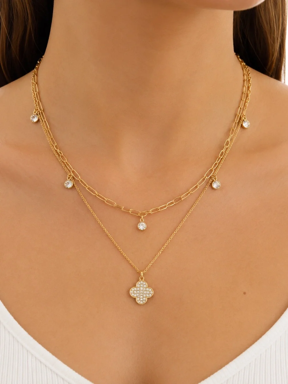 Guess Gold-Tone Layered Clover & CZ Station Necklace
